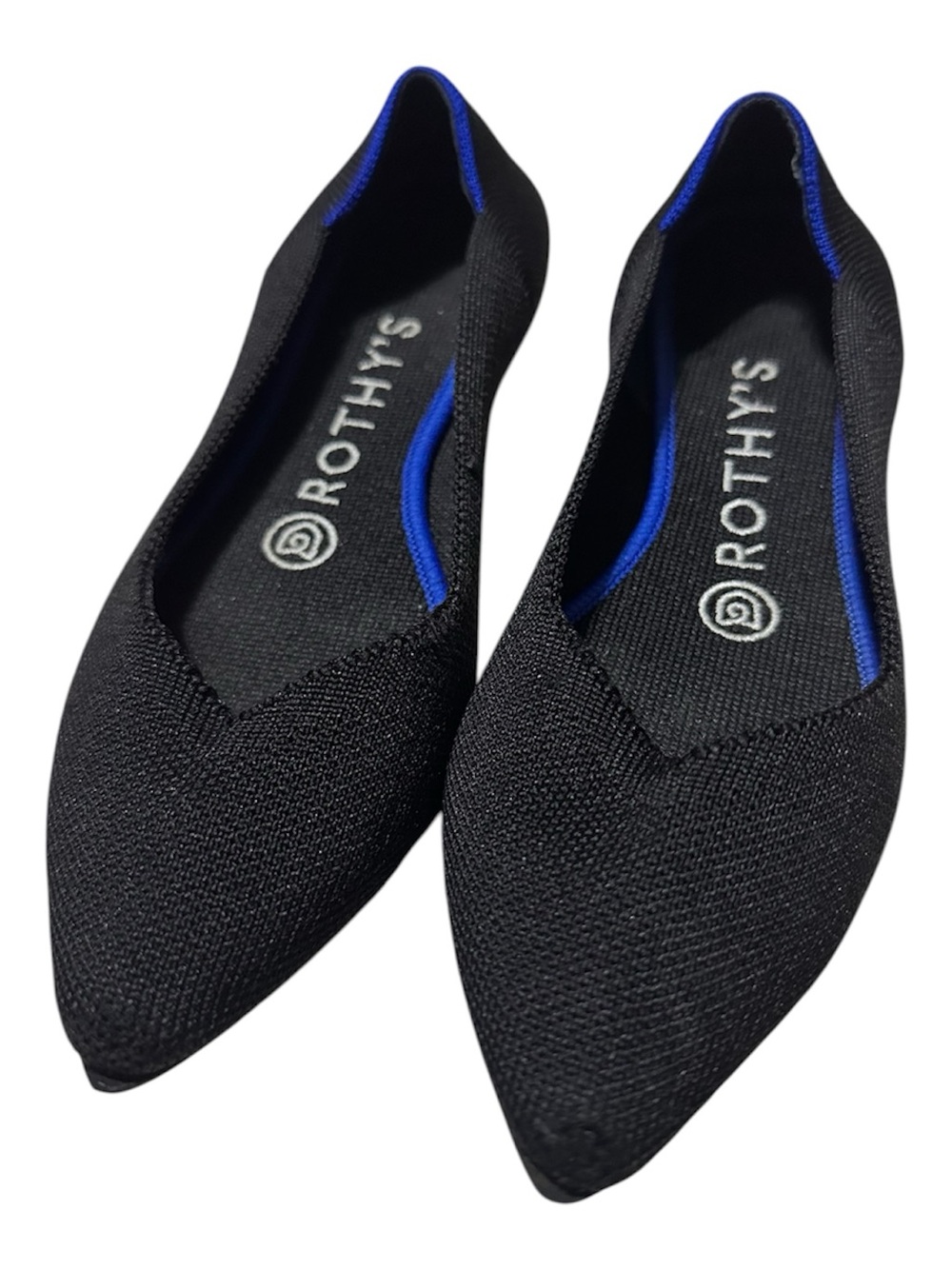 Rothy's Black Pointed Knit Slip-Ons with Blue Trim